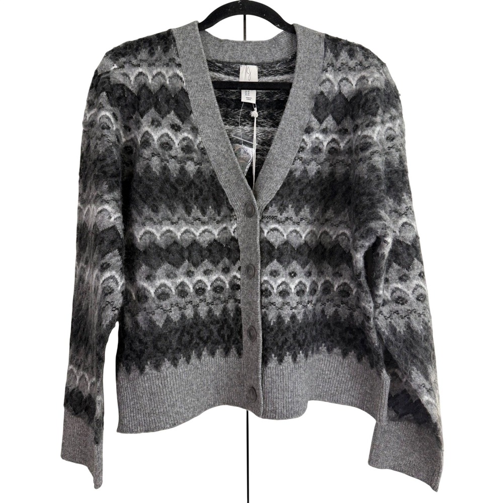 Joie Fuzzy Fair Isle Cardigan Sweater Gray‎ Nordic Alpaca Aesthetic XL NEW